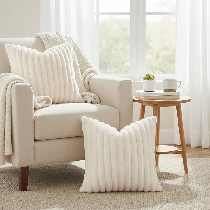 decorUhome Summer Cozy Faux Fur Throw Pillow Covers 24x24 Set of 2 Decorative Plush Striped Modern Farmhouse Boho Couch Euro Sham Pillow Cases with Velvet Back for Sofa Bed Living Room, Cream White
