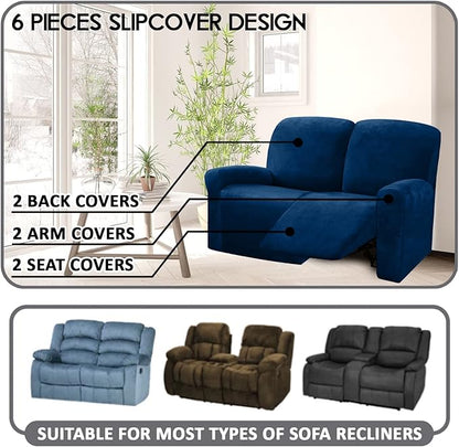 ULTICOR Reclining Love Seat Slipcover, 48" - 65" L, 6-Piece Velvet Stretch Loveseat Recliner Cover, 2 Seat Reclining Sofa Cover, Thick, Soft, Washable, Navy