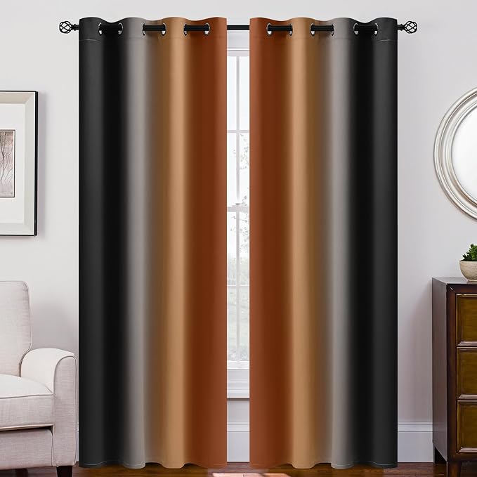 SimpleHome Ombre Room Darkening Curtains 84 inches Length for Bedroom,Grommet Gradient Light Blocking Burnt Orange and Black Gradient Window Curtains for Living Room,2 Panels, 52x84 inches