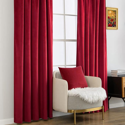 MIULEE Velvet Curtains 90 inches - Luxury Blackout Curtains for Bedroom Living Room Thermal Insulated Super Soft Window Drapes Rod Pocket & Back Tab Christmas Decor, Red, W52 x L90 inches, 2 Panels
