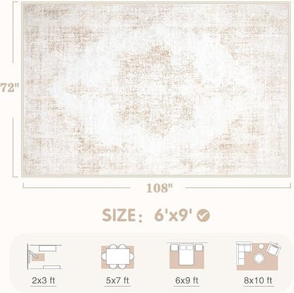 Area Rug 6x9 Vintage Rug: Washable Living Room Rugs Retro Medallion Distressed Large Rugs Soft Low Pile Non-Slip Indoor Floor Carpet for Bedroom Kitchen Nursery Dining Table Office (Beige, 6'x9')