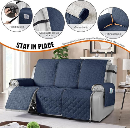 VANSOFY Waterproof Recliner Couch Covers, Sofa Covers 1-Piece Washable Reclining Sofa Cover Non-Slip Furniture Protector with Elastic Straps Pocket for Dogs, Pets(Navy Blue,3 Seater)