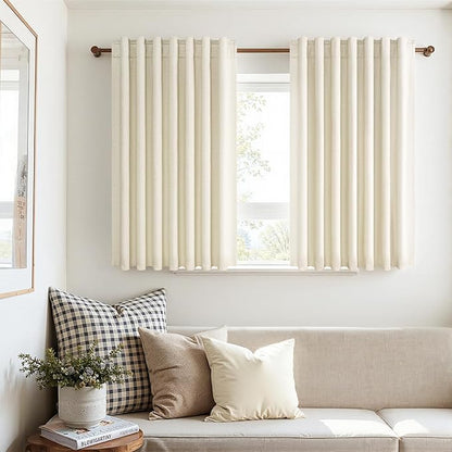Topfinel 45 Inches Long Linen Blackout Curtains Tiers for Small Window 2 Panels Set Cream White Ivory Linen Short Drapes for Kitchen Bathroom Curtain Hook Belt Pleated Back Tab (W52 xL45)