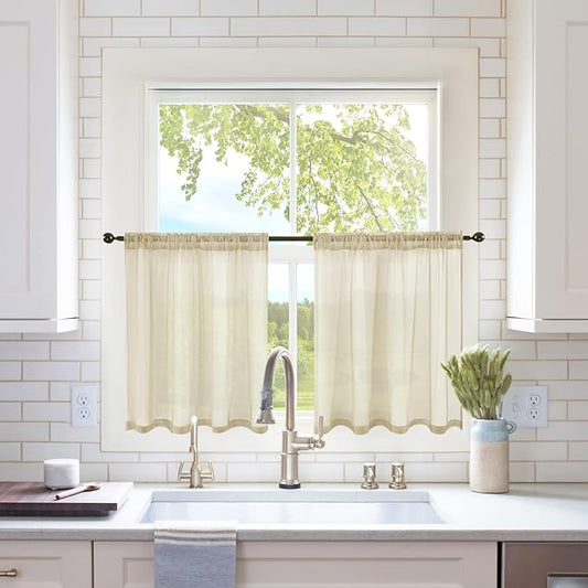 MIULEE 2 Panels Kitchen Tiers Half Window Sheer Curtains Rod Pocket Translucent Voile Drapes for Kitchen Bathroom Small Windows 29 by 24 Inch Beige