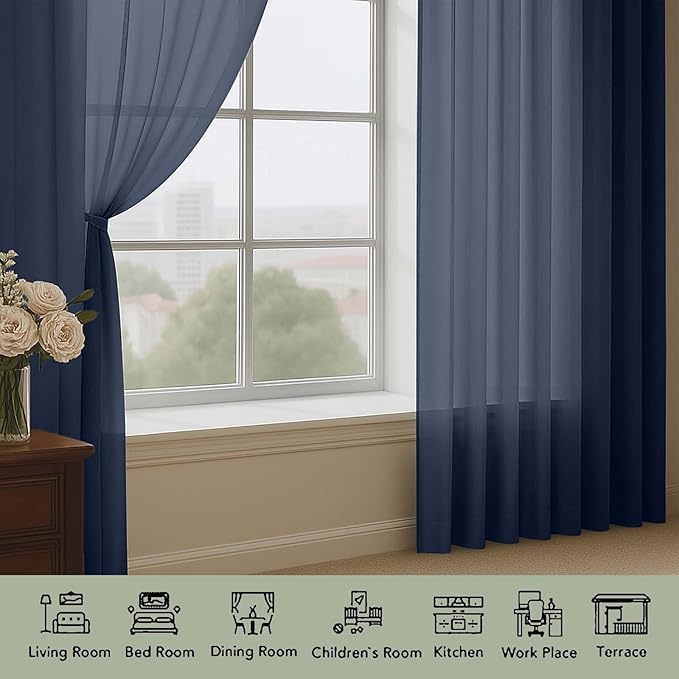 OWENIE Sheer Curtains 84 Inches Long 2 Panels Set, Sheer Navy Blue Curtains for Living Room Bedroom 59 Inch Extra Wide, Modern Voile Filmy Rod Pocket Drapes, 2 Pcs, Each 59 W x 84L, Navy Blue