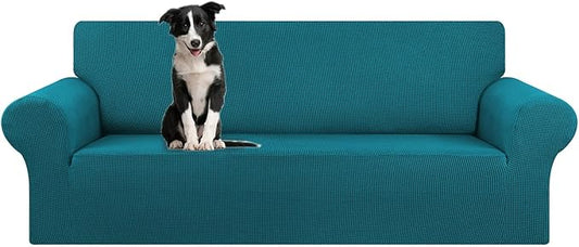 KEKUOU Stretch Oversized Sofa Slipcover 1 Piece Couch Sofa Cover (94"-110") Furniture Protector 4 Seater Sofa with Elastic Bottom for Kids,Pet.Jacquard Checked Pattern Fabric(X Large,Peacock Blue)