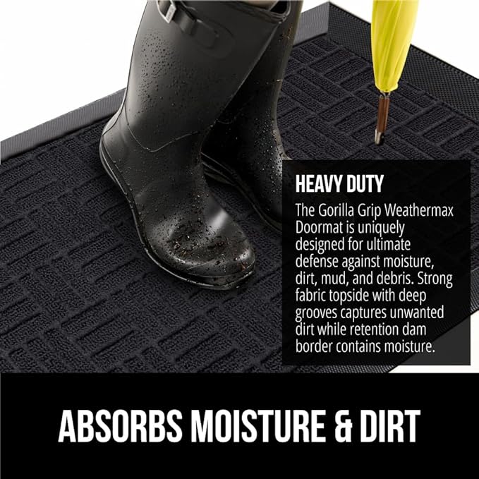 GORILLA GRIP 100% Waterproof All-Season WeatherMAX Doormat, 58x34, US Designed Natural Rubber, Stain and Fade Resistant, Low Profile Indoor Outdoor Door Mats, Easy Clean Patio Mat, Black Maze