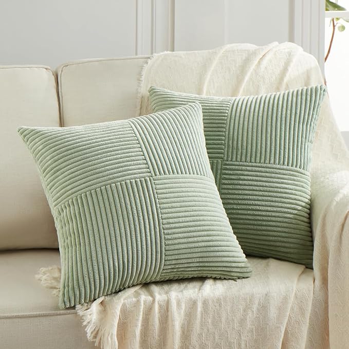 Fancy Homi 2 Packs Sage Green Euro Decorative Throw Pillow Covers 28x28 Inch for Bedroom Couch Bed, Farmhouse Boho Home Decor, Soft Corss Corduroy Patchwork Textured Square Cushion Case 71x71 cm