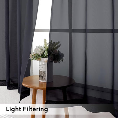Simplebrand Black Tier Curtains for Kitchen 24 Inches Long 2 Panels Set, Rod Pocket Cafe Curtain Light Filtering Sheer Short Curtains for Bathroom/Basement Half Window 42 x 24 Inch, 2Pcs, Black