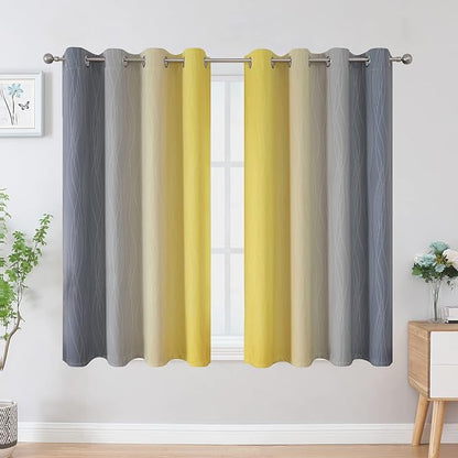 Ombre Gray and Yellow Blackout Curtains 54 Inch Length 2 panels, Full Room Darkening Curtains for Kids Room, Grommet Thermal Insulated Gradient Drapes, Light Blocking Curtains for Bedroom, 52x54 Inch