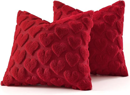 decorUhome Valentine’s Day Soft Plush Throw Pillow Covers 20x20 Inch Set of 2, Faux Fur Red Heart Decoration Neutral Square Pillow Covers for Couch Sofa Bed Cozy Farmhouse Holiday Decor