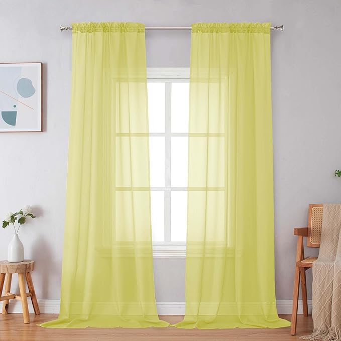 Simplebrand Lemon Sheer Curtains 96 Inches Long, Light Filtering Rod Pocket Solid Color Window Sheer Curtain Panels, Elegant Curtains & Drapes for Living Room, Bedroom 2 Panels (Lemon, 42" W x 96" L)