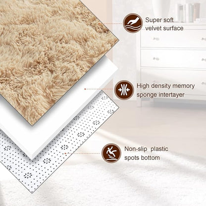 TWINNIS Super Soft Shaggy Rugs Fluffy Carpets 6x9 Feet, Indoor Modern Plush Area Rugs for Living Room Bedroom Kids Room Nursery Home Decor, Upgrade Anti-Skid Rectangular Fuzzy Rug, Light Tan