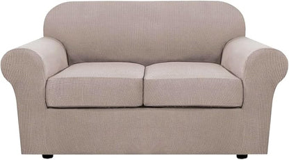 H.VERSAILTEX 3 Piece Stretch Sofa Covers for 2 Cushion Loveseat Couch Covers for Living Room Furniture Cover (Base Cover Plus 2 Seat Cushion Covers) Thicker Jacquard Fabric(Medium Sofa, Sand)