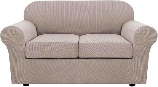 H.VERSAILTEX 3 Piece Stretch Sofa Covers for 2 Cushion Loveseat Couch Covers for Living Room Furniture Cover (Base Cover Plus 2 Seat Cushion Covers) Thicker Jacquard Fabric(Medium Sofa, Sand)