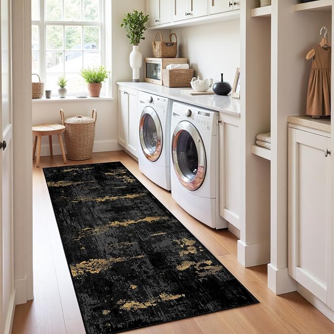 Washable Area Rugs 2'x8' Non-Slip Modern Abstract Soft for Living Room Entryway Bedroom Nursery, Print Pattern, Dark Black Gold