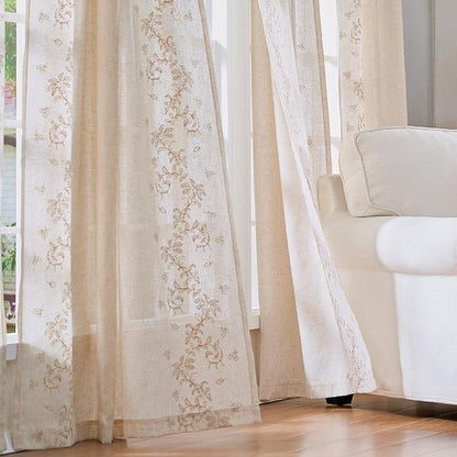 jinchan Evelyn Embroidered Linen Curtains for Living Room Farmhouse Floral Curtains for Bedroom Semi Sheer Light Filtering Window Drapes Rod Pocket Back Tab 2 Panels W50 x L96 Beige