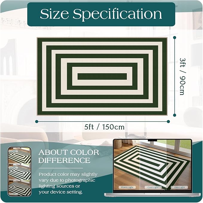 3x5 Modern Entry Rug - Small Washable Indoor Outdoor Mats for Front Door Non-Slip Porch Rug Green White Geometric Striped Throw Rugs for Living Room Bedroom Entryway Kitchen Office Porch Decor