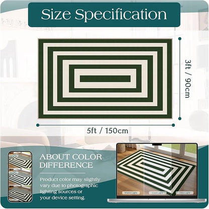 3x5 Modern Entry Rug - Small Washable Indoor Outdoor Mats for Front Door Non-Slip Porch Rug Green White Geometric Striped Throw Rugs for Living Room Bedroom Entryway Kitchen Office Porch Decor