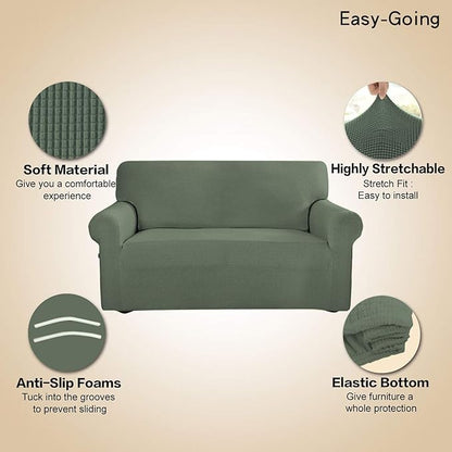 Easy-Going Stretch 4 Seater Sofa Slipcover 1-Piece Sofa Cover Furniture Protector Couch Soft with Elastic Bottom for Kids, Polyester Spandex Jacquard Fabric Small Checks Greyish Green