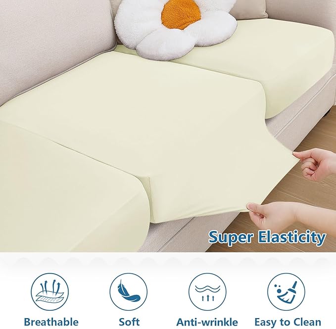 hyha Milk Silk Couch Cushion Covers, Soft Magic Sofa Covers Washable for 3 Cushion Couch, Stretch Sectional Outdoor Cushion Covers for Patio Furniture with Elastic Bottom(3 Packs, Cream)