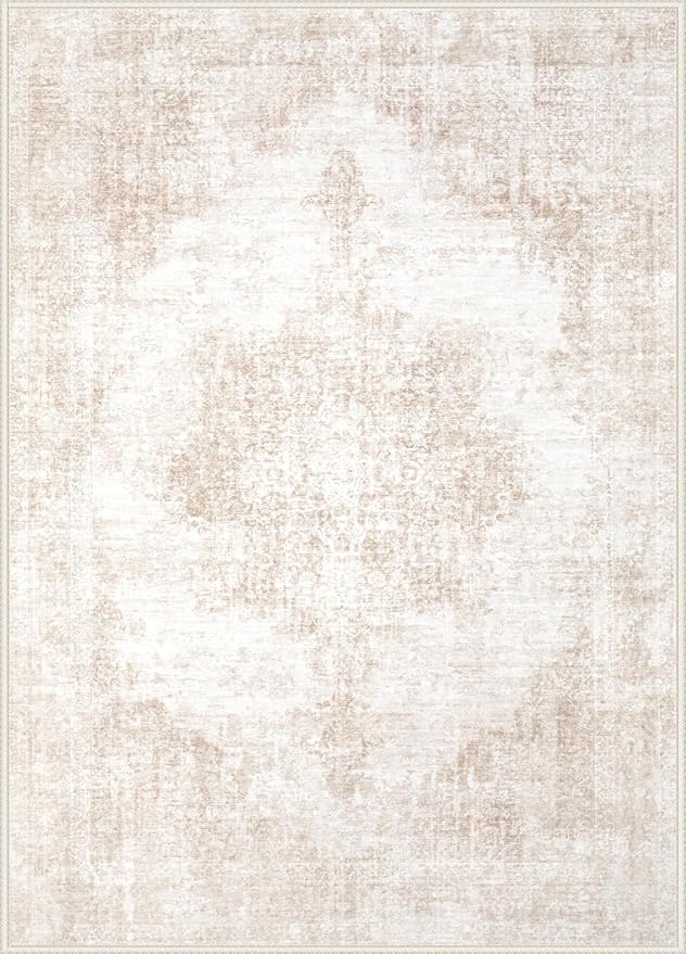 Area Rug 9x12 Vintage Rugs: Large Washable Living Room Rug Retro Medallion Distressed Soft Low Pile Non-Slip Rugs Indoor Floor Carpet for Bedroom Dining Table Office (Beige/Brown,9'x12')