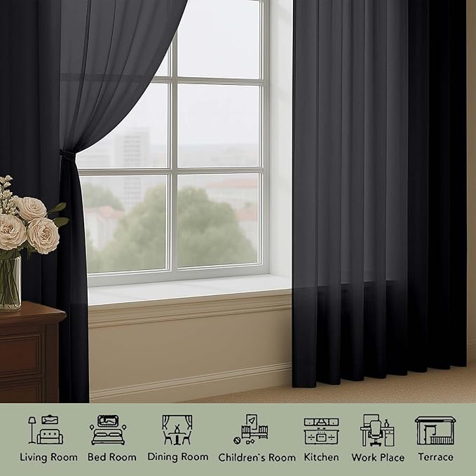 OWENIE Black Sheer Curtains 108 Inches Long for Living Room Bedroom 2 Panels Set, Lightweight Airy Black Sheer Curtain, Filmy Rod Pocket, 2 PCS, Each 59" W x 108" L