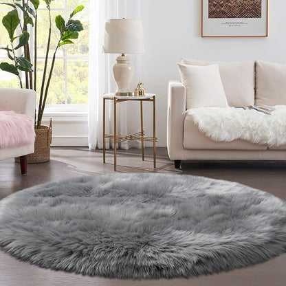 Tangsoo Round Faux Fur Rugs, Sheepskin Round Rug 3ft, Grey Soft Small Circle Rug, 3x3 Fuzzy Plush Fur Rug, Shag Circular Rugs Floor Carpet for Bedroom, Kids Room, Nursery, Girls Room, Dorm