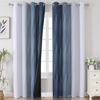 Estelar Textiler Navy Blue and Greyish White Blackout Curtains 108 Inches Long, Thermal Insulated Long Curtains for Bedroom, Full Light Blocking Energy Saving Drapes for Living Room,52Wx108L, 2 Panels
