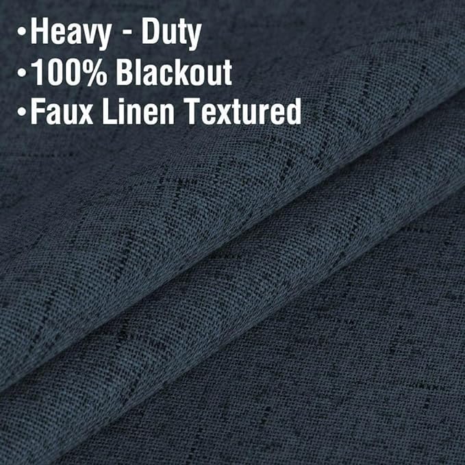 H.VERSAILTEX Linen Blackout Curtains 45 Inches Long 100% Absolutely Blackout Thermal Insulated Textured Linen Look Curtain Draperies Anti-Rust Grommet, Energy Saving with White Liner, 2 Panels, Navy