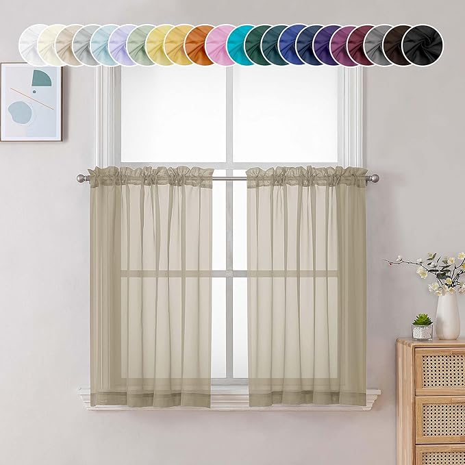 Chyhomenyc Taupe Sheer Curtains 36 inch Length 2 Panels, Light Filtering Voile Rod Pocket Short Window Curtians for Bathroom Living Room Farmhouse Small Windows, 42Wx36L inches