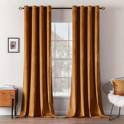 MIULEE Velvet Curtains Gold Brown Elegant Grommet Curtains Thermal Insulated Soundproof Room Darkening Curtains/Drapes for Fall Living Room Bedroom Decor 52 x 90 Inch Set of 2, Pumpkin Brown