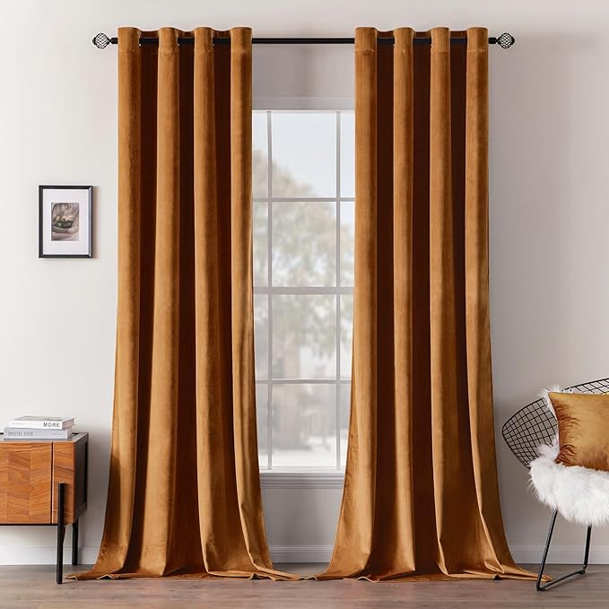 MIULEE Velvet Curtains Gold Brown Elegant Long Grommet Curtains Black Out Thermal Insulated Soundproof Room Darkening Drapes for Fall Living Room Bedroom 52 x 96 Inch Length Set of 2, Pumpkin Brown