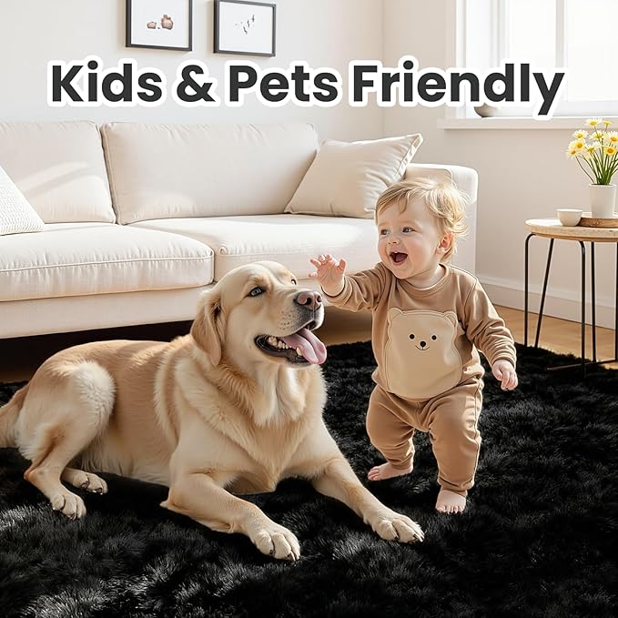 5x8 Area Rugs for Living Room: Soft Fluffy Shag Black Rugs for Bedroom, Non Slip Large Fuzzy Plush Rug Indoor Floor Carpet for Nursery Kids Boys Girls Room, Dorms, Playroom, Modern Home Decor