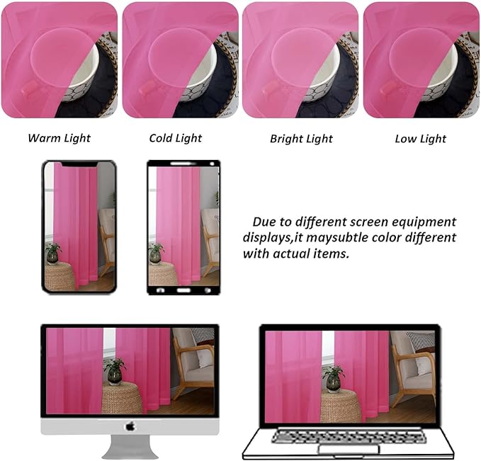 Chyhomenyc Hot Pink Sheer Curtains 30 inch Length 2 Panels, Light Filtering Voile Rod Pocket Short Window Curtians for Bathroom Living Room Farmhouse Small Windows, 42Wx30L inches
