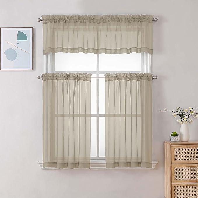 Chyhomenyc Taupe Sheer Curtains 36 inch Length 2 Panels, Light Filtering Voile Rod Pocket Short Window Curtians for Bathroom Living Room Farmhouse Small Windows, 42Wx36L inches