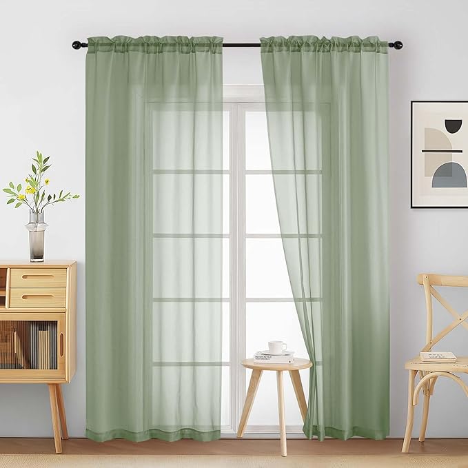 Sage Green Sheer Curtains 84 Inches Long 2 Panels, Elegant Airy Transparent Light Filtering Window Curtains, Window Drapes for Living Room Bedroom, Top Dual Rod Pocket Design, 2x42Wx84L Inches
