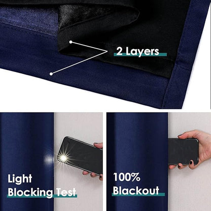 ChrisDowa 100% Blackout Curtains 63 inch Long for Bedroom with Black Liner, 2 Thick Layers Total Blackout Thermal Insulated Grommet Window Curtains 2 Panels Set (Navy Blue, 38 x 63 Inch)
