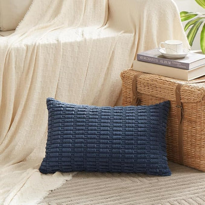 Fancy Homi 4 Packs Dusty Blue Decorative Throw Pillow Covers 14x24 Inch for Living Room Couch Bed Sofa, Rustic Farmhouse Boho Home Decor, Soft Plush Striped Corduroy Square Cushion Case 35x60 cm