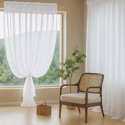Extra Wide White Sheer Curtains 90 Inches Long 2 Panels, Light Filtering Lightweight Solid Sheer Curtains for Bedroom Living Room, Window Voile Sheer Drapes, Dual Rod Pocket, 2x59Wx90L Inches