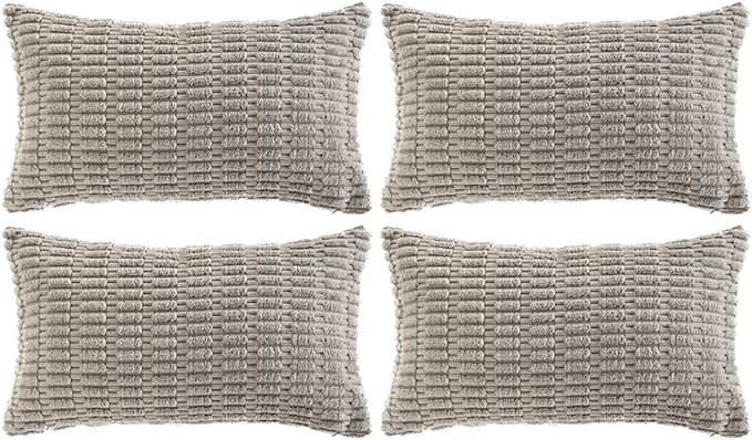Fancy Homi 4 Packs Grey Decorative Throw Pillow Covers 12x24 Inch for Living Room Couch Bed, Rustic Modern Farmhouse Boho Home Decor, Soft Plush Corduroy Gray Cute Square Accent Cushion Case 30x60 cm
