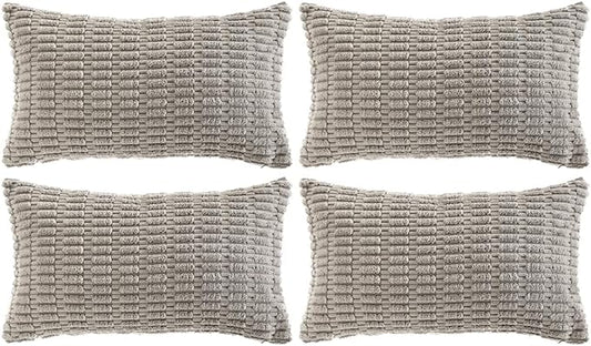 Fancy Homi 4 Packs Grey Decorative Throw Pillow Covers 12x24 Inch for Living Room Couch Bed, Rustic Modern Farmhouse Boho Home Decor, Soft Plush Corduroy Gray Cute Square Accent Cushion Case 30x60 cm