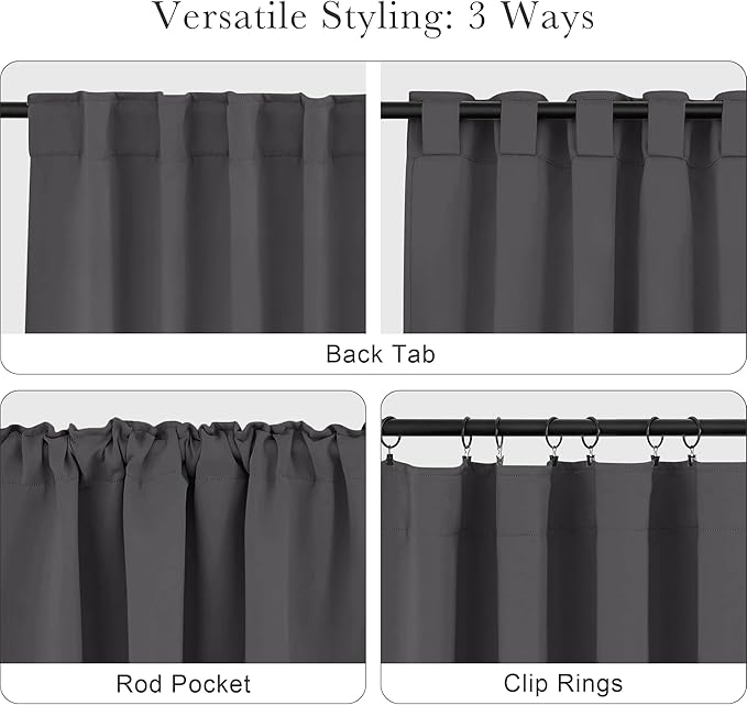 PONY DANCE Curtains 45 inch Length - Double Panels Back Tab & Rod Pocket Thermal Insulated Short Blackout Drapes for Kitchen Bedroom, 52" x 45" Per Panel, Dark Grey, 2 Pieces