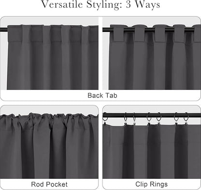 PONY DANCE Curtains 45 inch Length - Double Panels Back Tab & Rod Pocket Thermal Insulated Short Blackout Drapes for Kitchen Bedroom, 52" x 45" Per Panel, Dark Grey, 2 Pieces