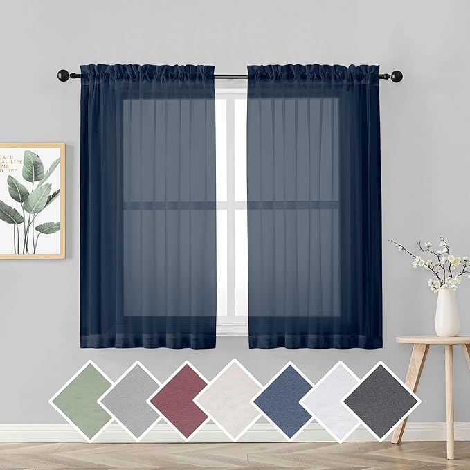 OVZME Sheer Curtains 45 inches Long for Kitchen Curtains, Rod Pocket Clean Selvedge Voile Window Treatments, 2 Panels=84 Inches Width, Navy Blue.