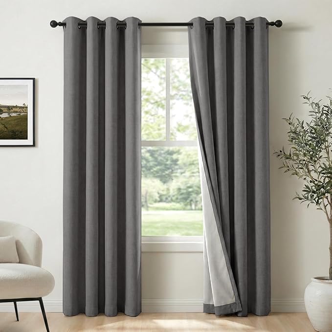 100% Blackout Shield Curtains, Dark Gray, 50''W x 96''L, 2 Panels, Linen Textured Look, Thermal Insulated, Full Light Blackout, Rod Pocket, Living Room/Bedroom