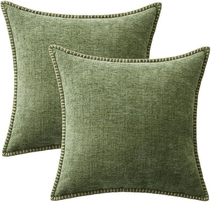 MIULEE Pack of 2 Couch Throw Pillow Covers 18x18 Inch Sage Green Farmhouse Decorative Pillow Covers with Stitched Edge Soft Chenille Solid Dyed Spring Pillow Covers for Sofa Bed Living Room