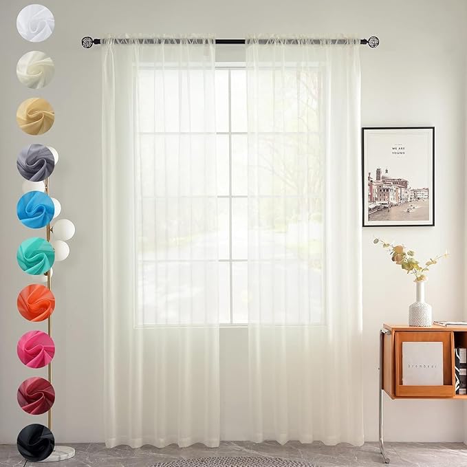 youleyar Solid Sheer Rod Pocket Curtain Voile Draperies 2 Panels Ivory Beige Black Grey Coffee 60 Inch Width 96 Inch Long 1 Pair for Kitchen Bedroom Children Living Room Yard(Ivory,60Wｘ96L)