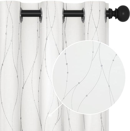 Deconovo White Short Curtains, Room Darkening Curtain, Thermal Insulated Soundproof Drapes, Wave Dots Silver Print, 38 x 45 Inch, Grommet Top, Window Panels for Living Room Bedroom Kitchen, Set of 2