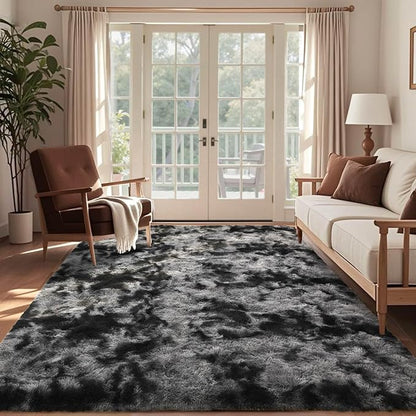 7x10 Ft Extra Large Shag Rugs for Living Room, Tie Dyed Ultra Soft Fluffy Furry Area Rugs for Bedroom Indoor Floor, Aesthetic Carpet for Kids Home Decor (Dark Grey)